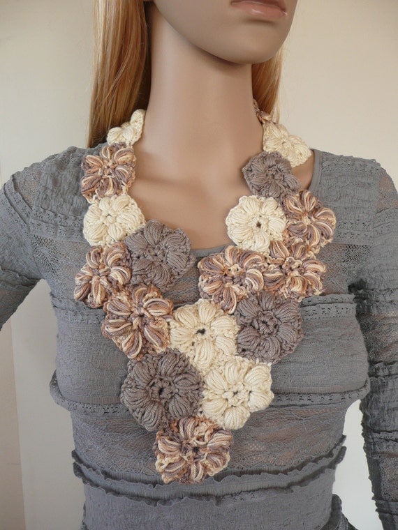Crochet jewelry - Flower scarflette - crochet flower necklace , one of a kind - unique neutrals - cotton spring scarf