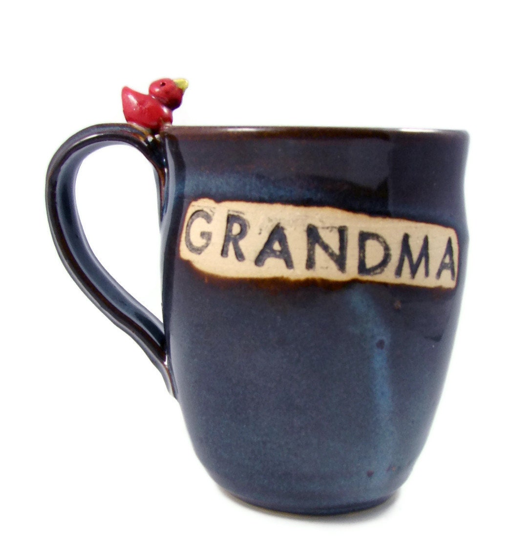 Blue GRANDMA Mug with Red Bird / Ready to Ship / Handmade Pottery Wheel Thrown Stoneware Clay