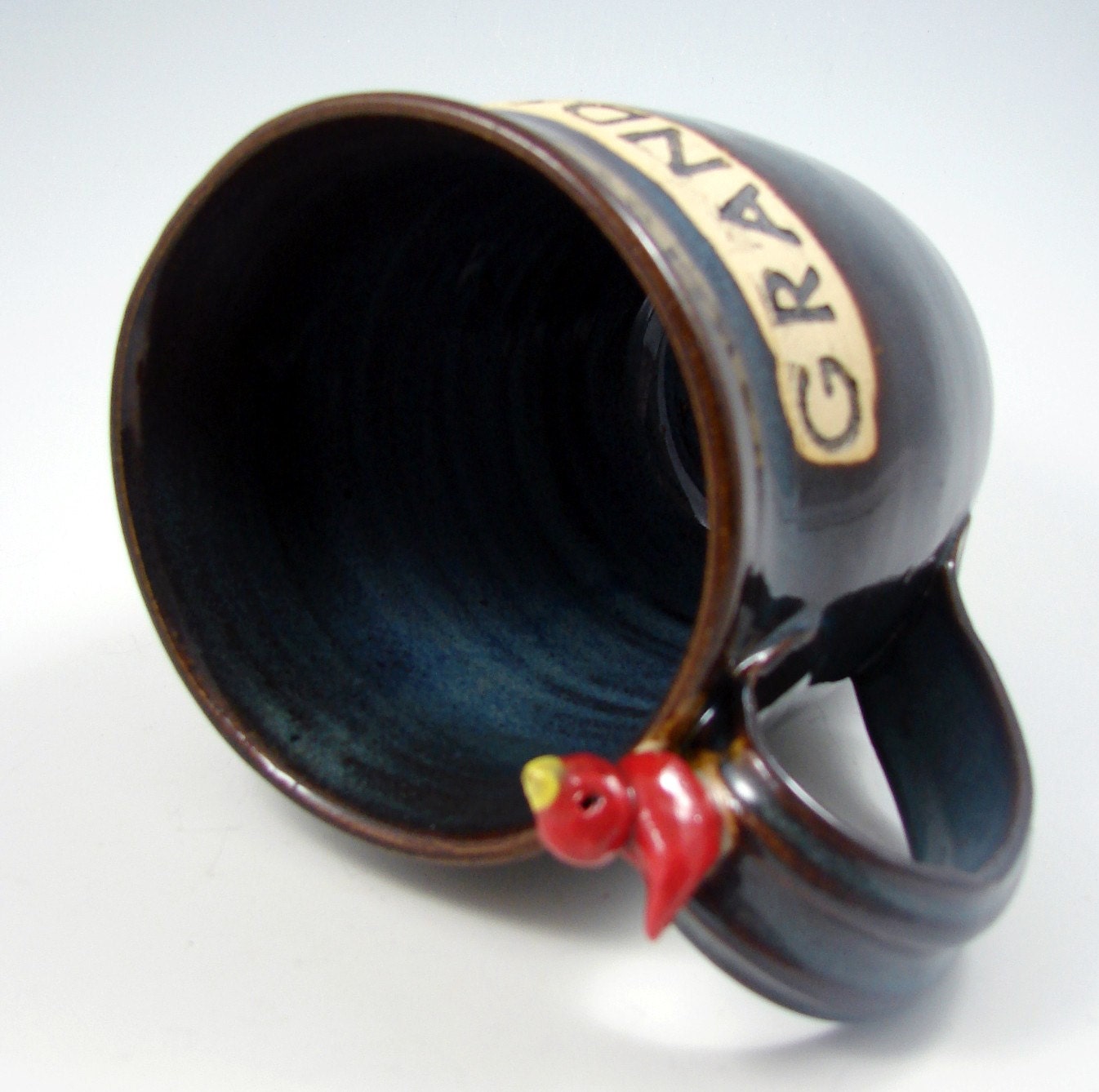 Blue GRANDMA Mug with Red Bird / Ready to Ship / Handmade Pottery Wheel Thrown Stoneware Clay