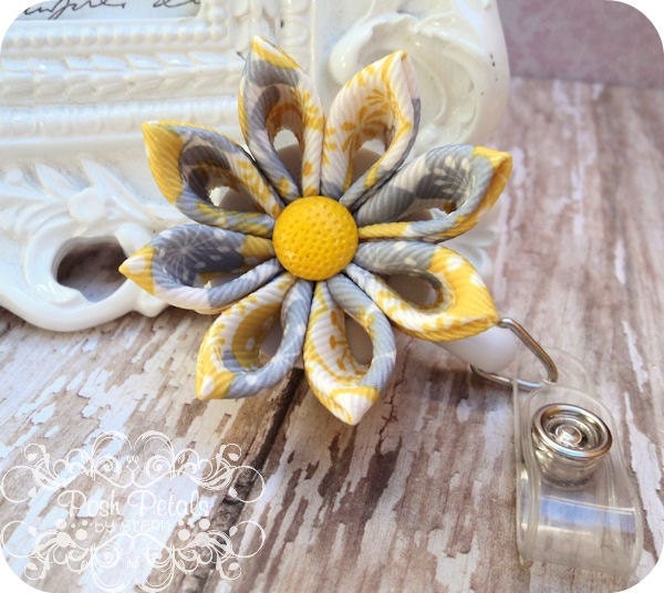 Yellow and Gray Floral Kanzashi Flower Badge Holder Reel