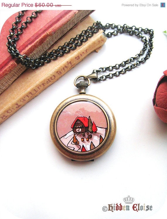 VALENTINES SALE -- Whimsical little house Pocket Watch Locket, whimsy locket, little house pocketwatch, quirky jewellery, for her, knock kn