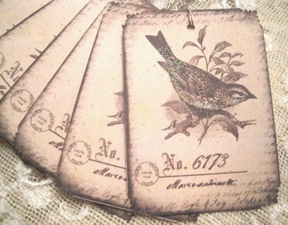 Bird on Branch Gift Tags - French Flea Market - Paris Chic - Shabby - Vintage - Embossed - Glitter - Buy Three Get One Free