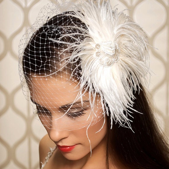 Art Deco White and Ivory Bridal Headpiece Feather Fascinator with attached 