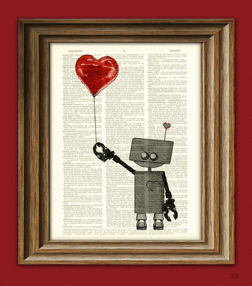 The Love Bot 3000 ROBOT geeky Valentines Day balloon art print upcycled vintage dictionary page book art print