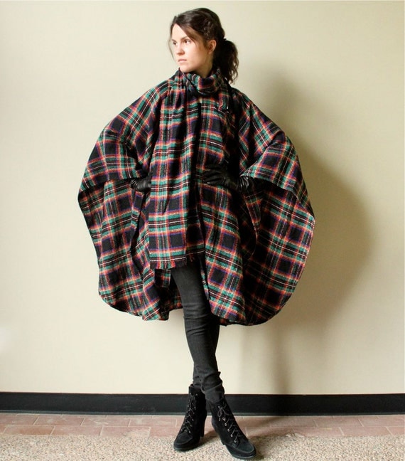 Vintage Plaid Cape - 80s does 60s Mod cape in Tartan plaid - black with red, green, yellow primary colors & long fringed scarf