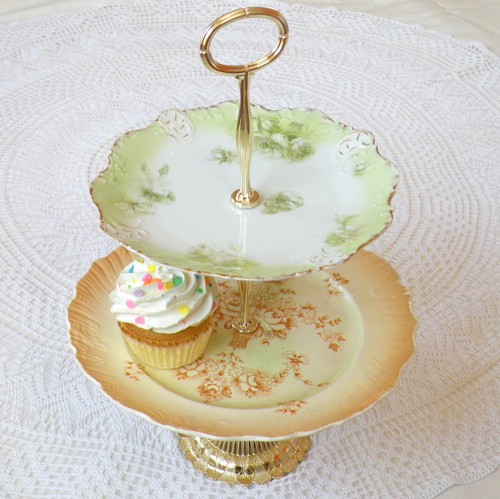 Alice Eats a Peach, Floral Vintage China Cake Stand Pedestal in 2 Tiers for Cupcakes, High Tea, Birthday, Shower or Wedding Candy Bar
