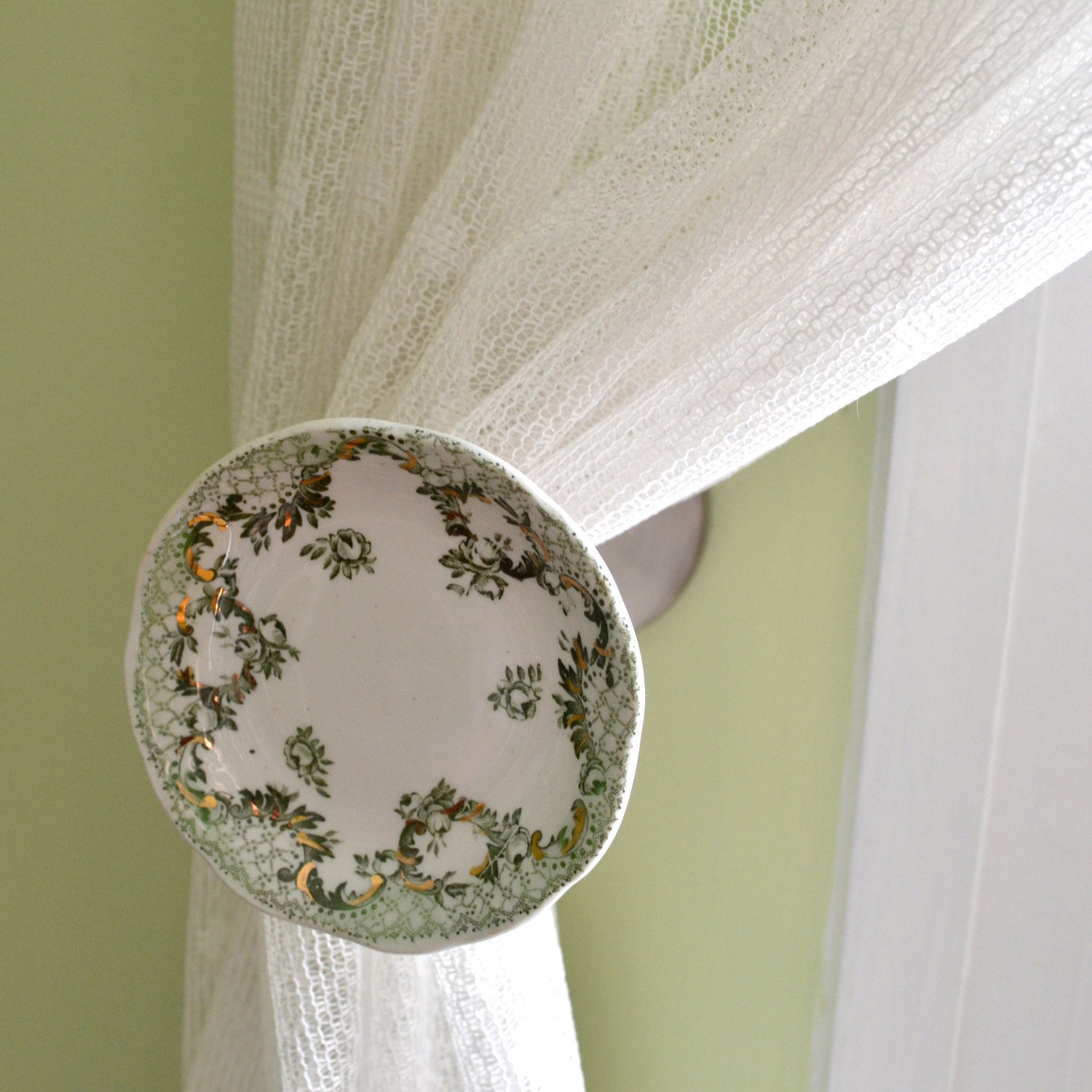 Recycled China Drapery Holdback - Green White and Gold - Curtain Tie Back