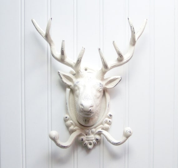 Huge Deer Head Wall Hook / Cast Iron Refinished in Shabby Creamy White / Anthropologie Style