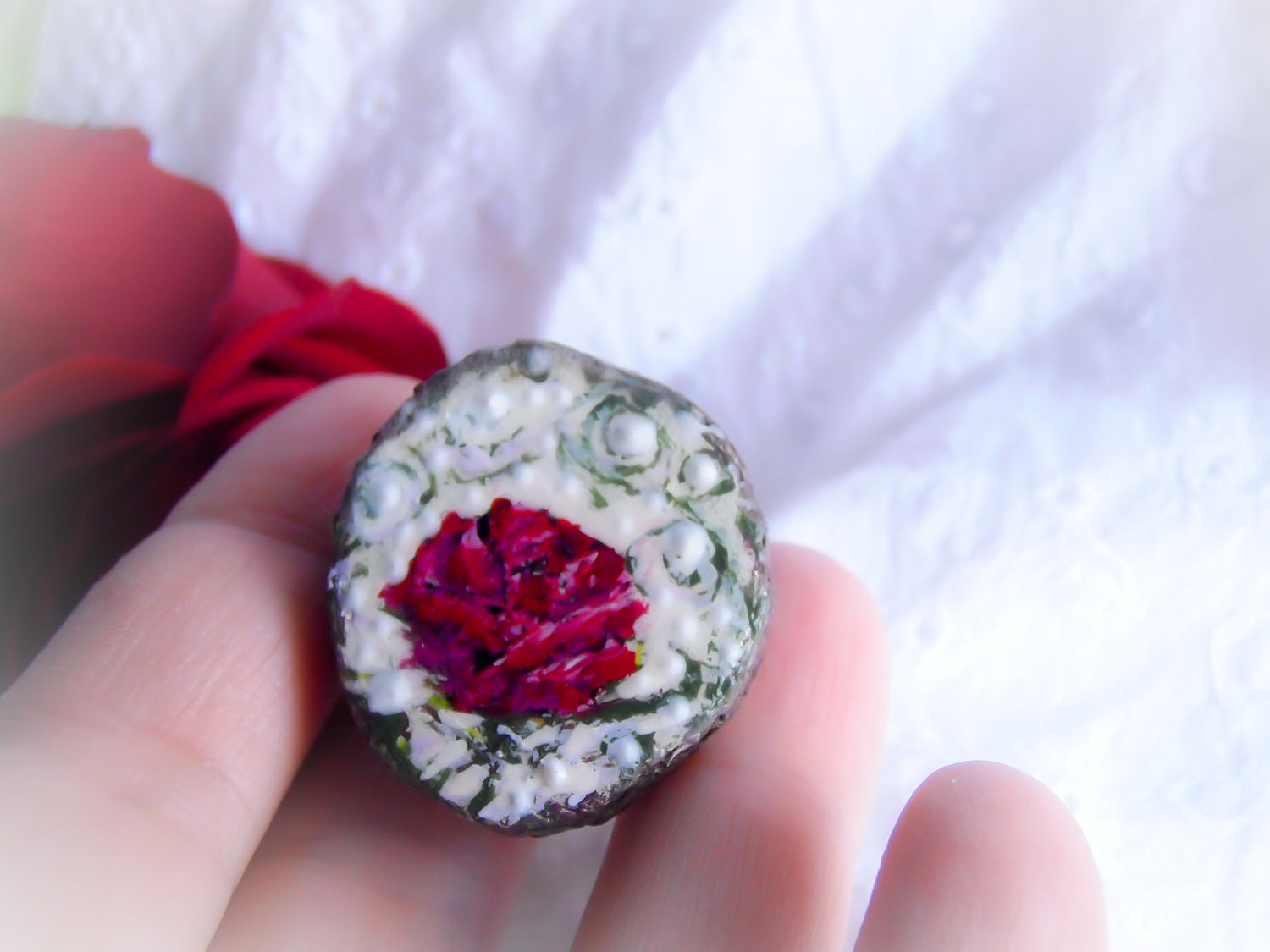 Brooch Valentine Red Rose - hand painted wood, wearable art