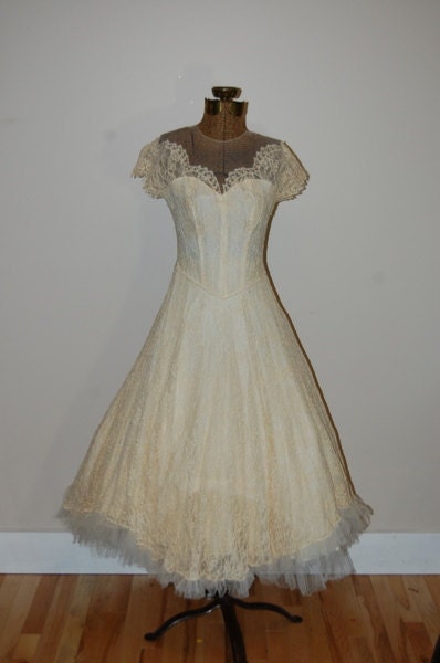 Vintage Wedding Gown Tea Length Ivory 1950s Dress A Belle Bride Original