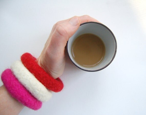 three felted wool bangle bracelets red ivory fuchsia