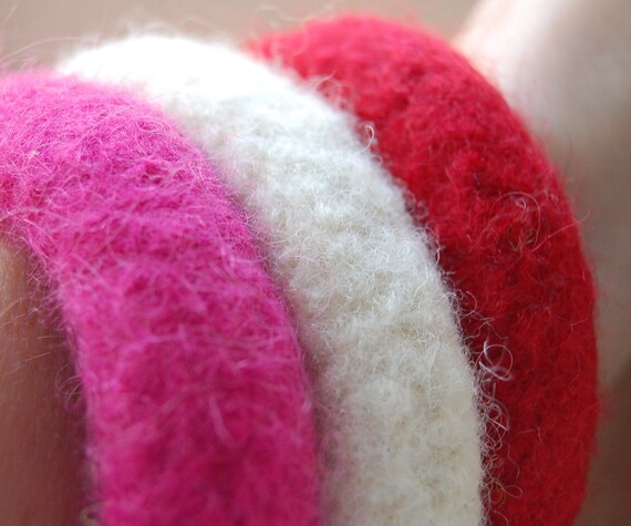 three felted wool bangle bracelets red ivory fuchsia