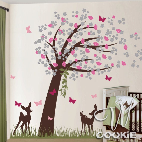 Fawns Cherry Blossom Tree with Butterflies - Nursery Wall Decal