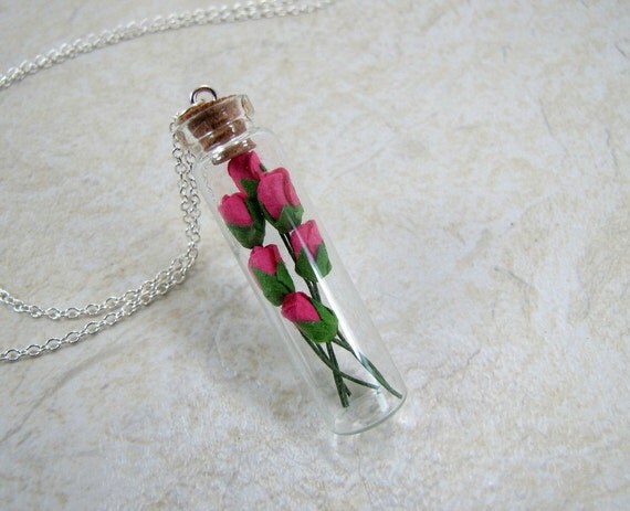 Pink Rosebuds In A Glass Bottle Necklace