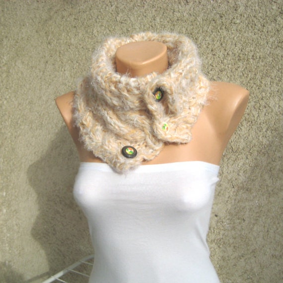 Cable Knit Cowl Neck warmer Neck collar Women Wool/Acrylic/Polyester/Lame Ivory Buttons Cuddly Handmade by Dimana