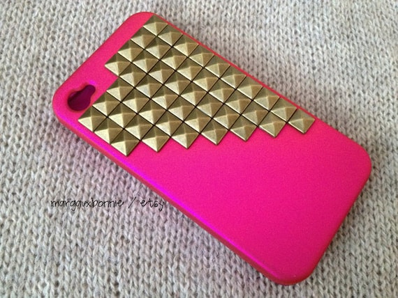 FREE Shipping US -- Gold Brass Studs iPhone 4 4S Hot Pink Rubberized Matte Studded Phone Case AT&T Verizon Sprint