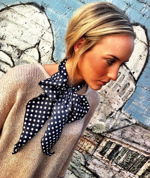 Women's Ascot Bow - Navy Blue Handkerchief Scarf - Ascot Tie Scarf - Polka Dot Womens Fashion Ascot Thin Scarf Tie