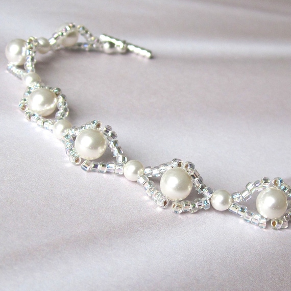 Woven bridal bracelet white Swarovski pearl silver seed bead