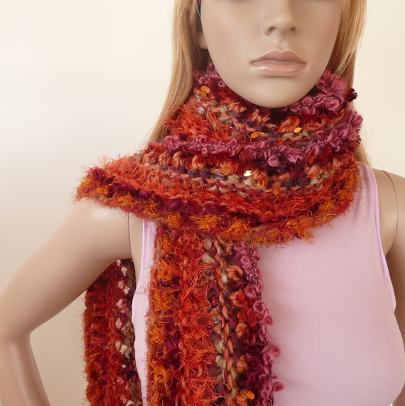 Hand knitted scarf - one of a kind - 10 beautiful yarns in  orange, tangerine, emberglow and more- unique multicolor scarf winter fashion