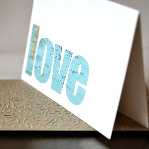 20% SALE Vintage Map LOVE Gift Card Blue Atlantic Ocean