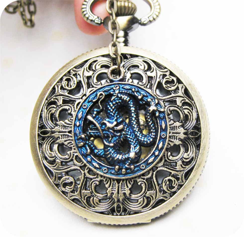 Chinese Dragon Victorian pattern golden dial Pocket Watch locket Necklace