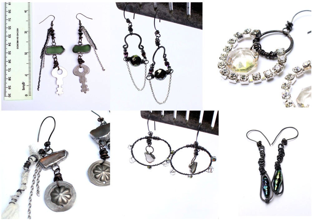 Twisted Love Earrings Primitive long hammered oxidized metal Aged Looking Gothic purple blue green pearl color OOAK