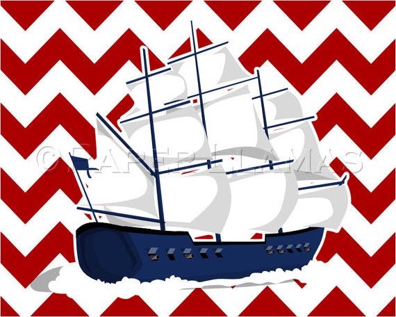 Canon Ship - Nautical art sail boat art print - custom colors- pirate ship, baby boy nursery wall art ocean beach yacht ship chevron