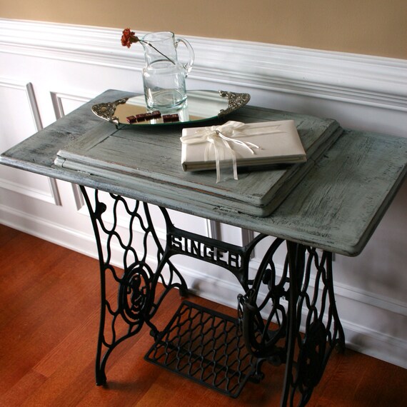 Wedding Guest Book Table. Grey Blue Entryway Table School Desk. Singer Treadle Sewing Machine Table. Country. Farm House Rustic. Industrial.