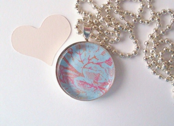 Glass Tile Pendant, Blue Abstract w/ Cabaret fuchsia and Tangerine tango - chain included
