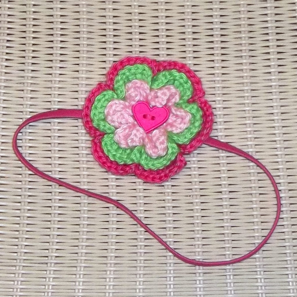 Pink Elastic Headband Crocheted Flower Heart Center