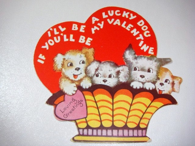 Basket of Puppies Antique Valentine - Lucky Dog