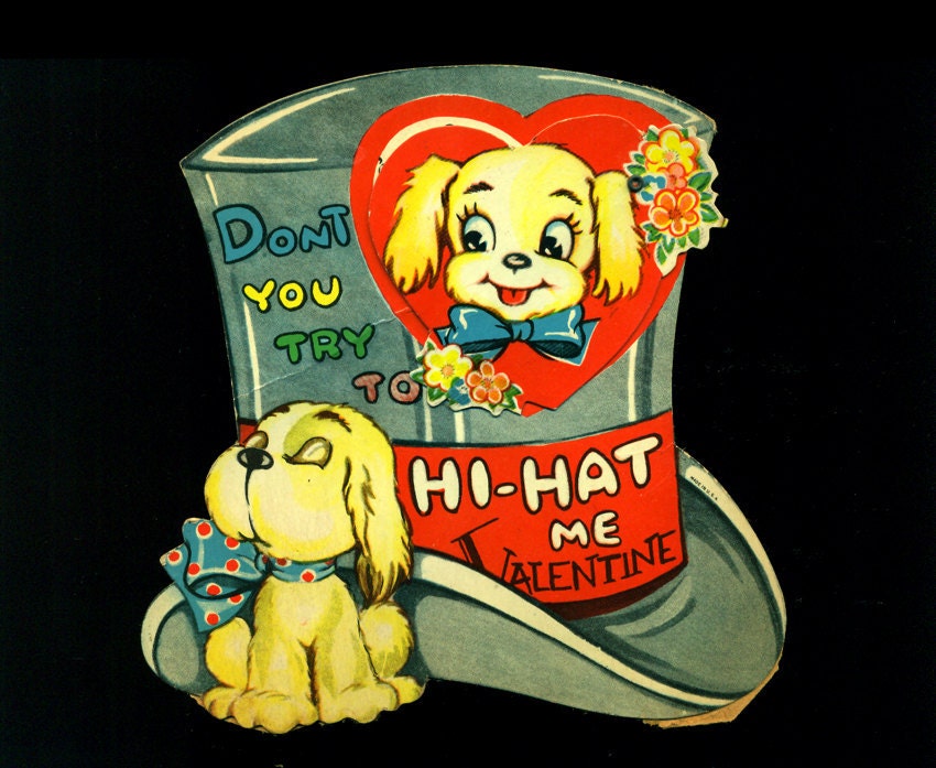 SALE TAKE 10% OFF Large Vintage Valentine Card Mechanical Die Cut Dog Top Hat