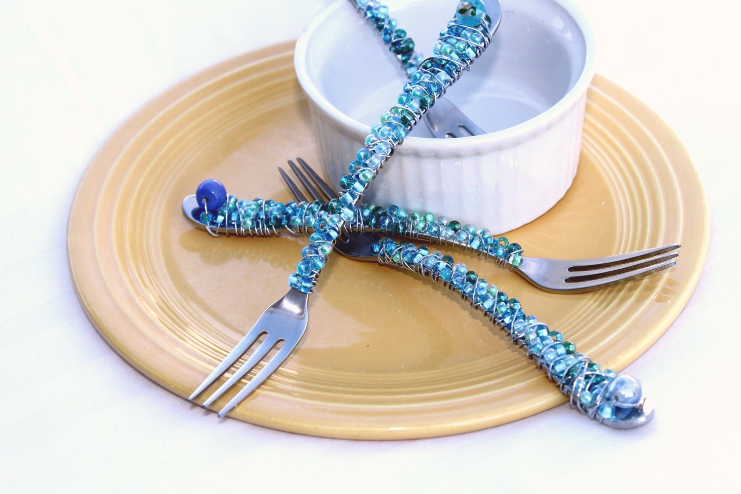 Shimmering Sea glass blue copper cocktail forks for your best pals soiree
