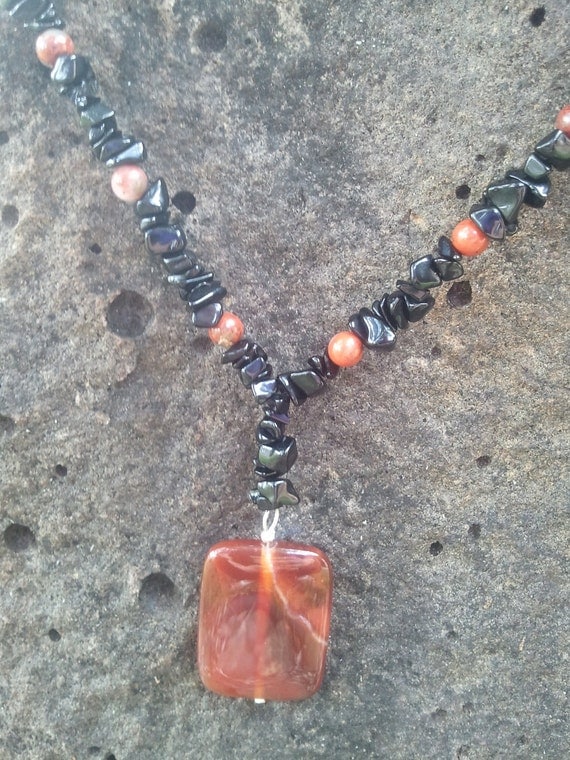 Beautiful Black Stone Necklace with Rust Orange Carnelian Pendant