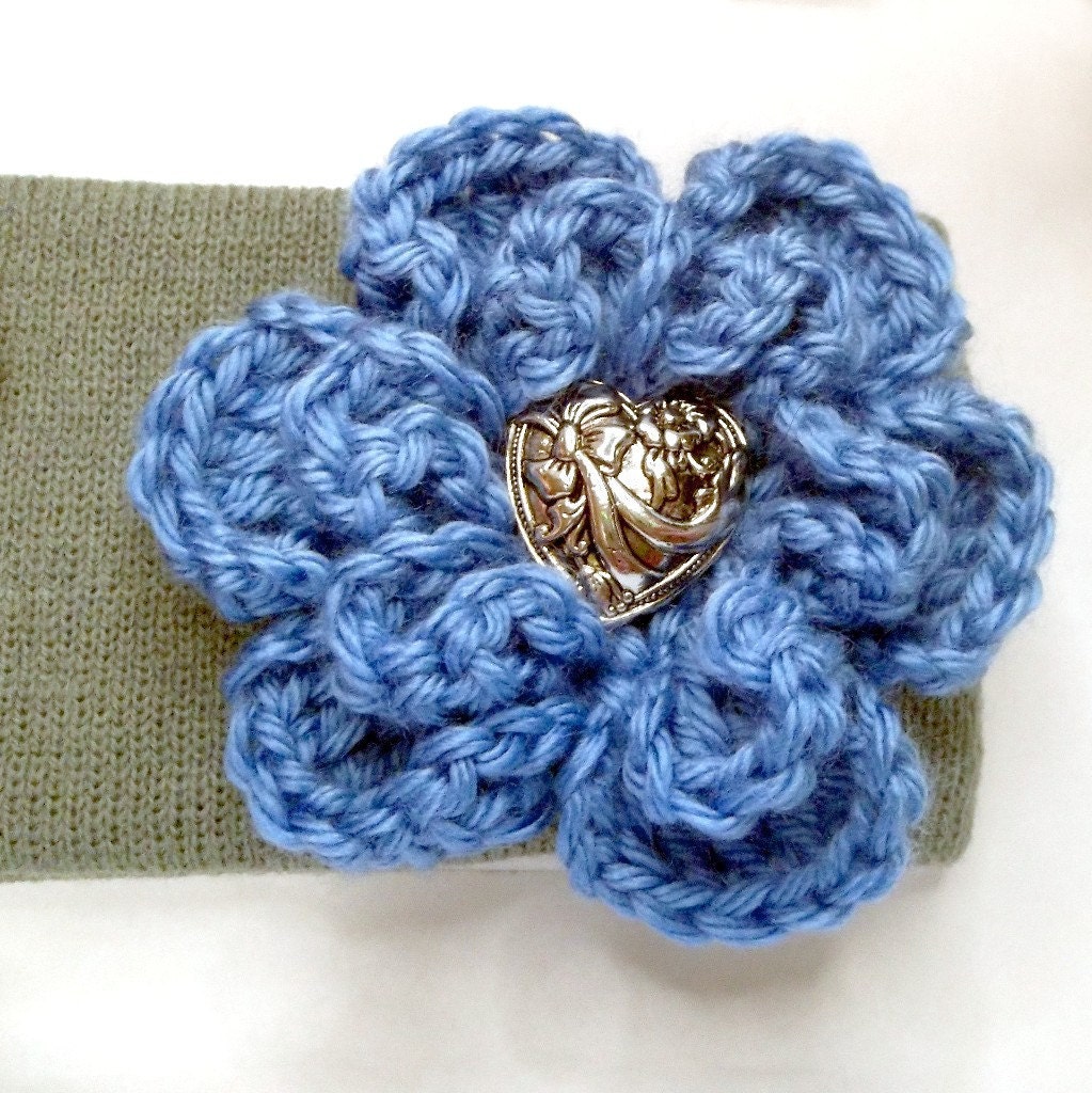 Winter Headband Ear Warmer Grey with Blue Crocheted Flower