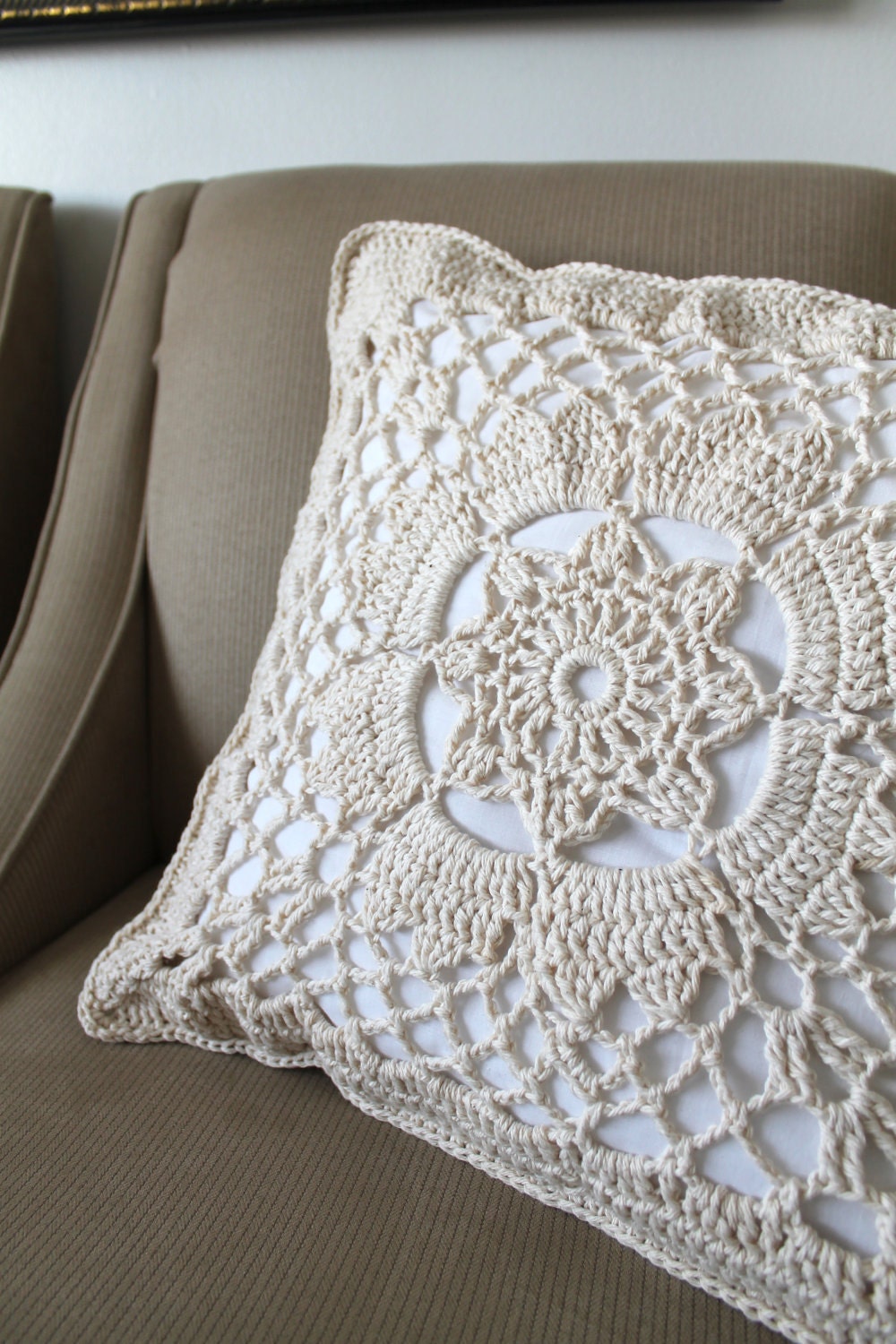 PILLOW CROCHET SQUARE Cream Living room Bedroom Accent Pillow With Insert Included Unremovable Cover