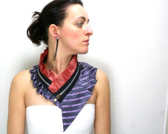 Unique collar with zipper - purple and peach orange - stripy silk - black silver zipper - one size fits all - by Bartinki - READY TO SHIP