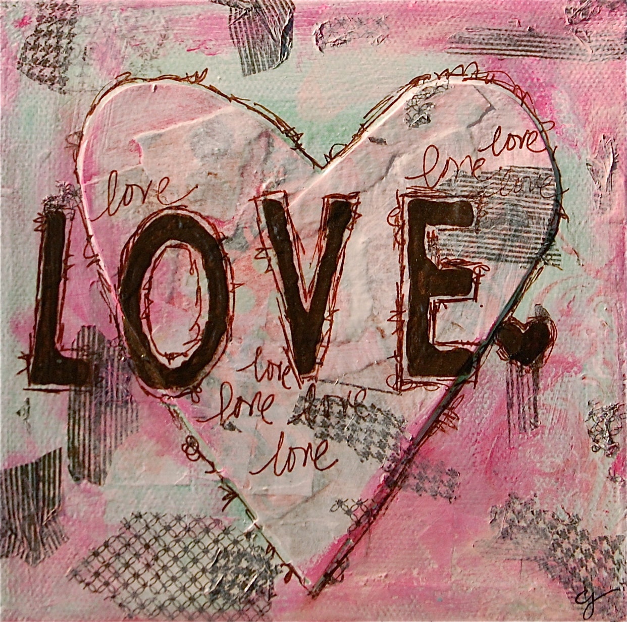 original mixed media art print - 5x5 love word art valentine pink heart