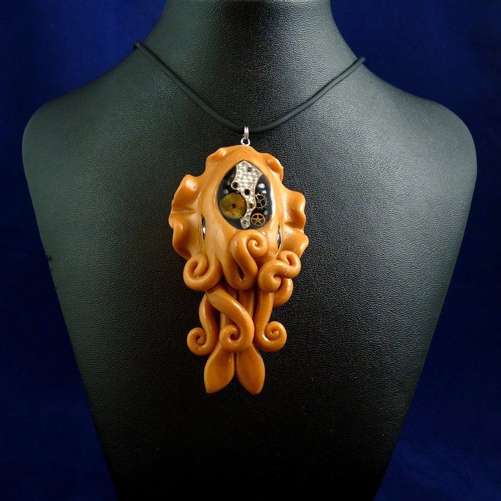 Brass Steampunk Cuttlefish Necklace - Handmade Polymer Clay Jewelry