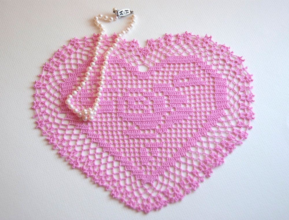 Hand crocheted doily, new, 9 by 8 inch heart, honeysuckle pink, table decor, frame for wall decor