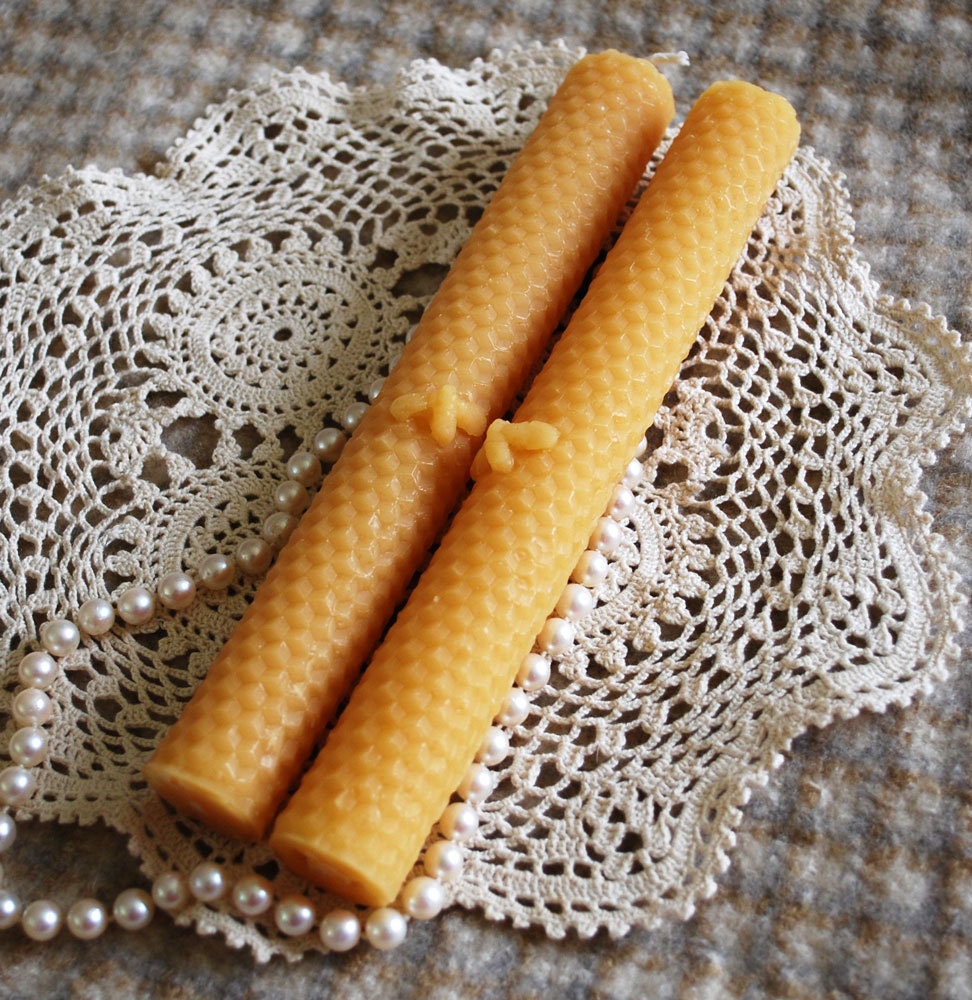 Beeswax Candles Tapers Set of Two with Honeybee Embellishment