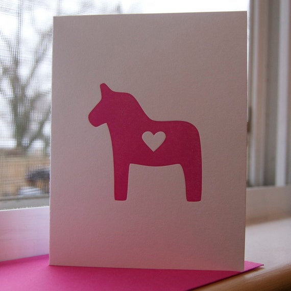 Letterpress Swedish Dala Horse Valentine's Greeting Card