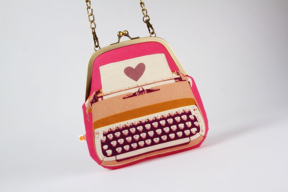 Clutch bag - Typewriter in pink - metal frame purse with shoulder strap
