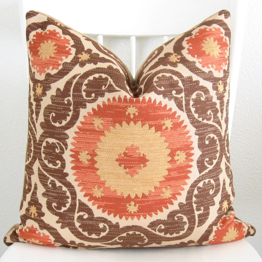 Decorative pillow cover - Throw pillow - Suzani pillow - Accent pillow - 20x20 - Red - Brown - Tan - Suzani - Designer fabric