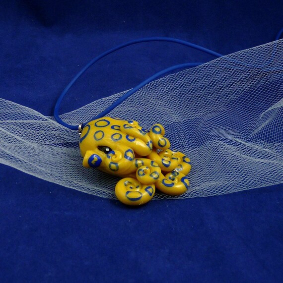 Blue Ringed Octopus Necklace - Yellow & Blue Polymer Clay Cephalopod Jewelry
