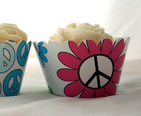 Peace Sign Cupcake Wrappers for Tween Teen Girl Birthday Party in Turquoise and Pink