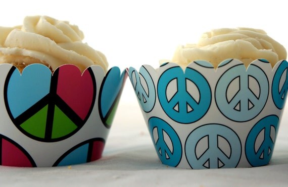 Peace Sign Cupcake Wrappers for Tween Teen Girl Birthday Party in Turquoise and Pink
