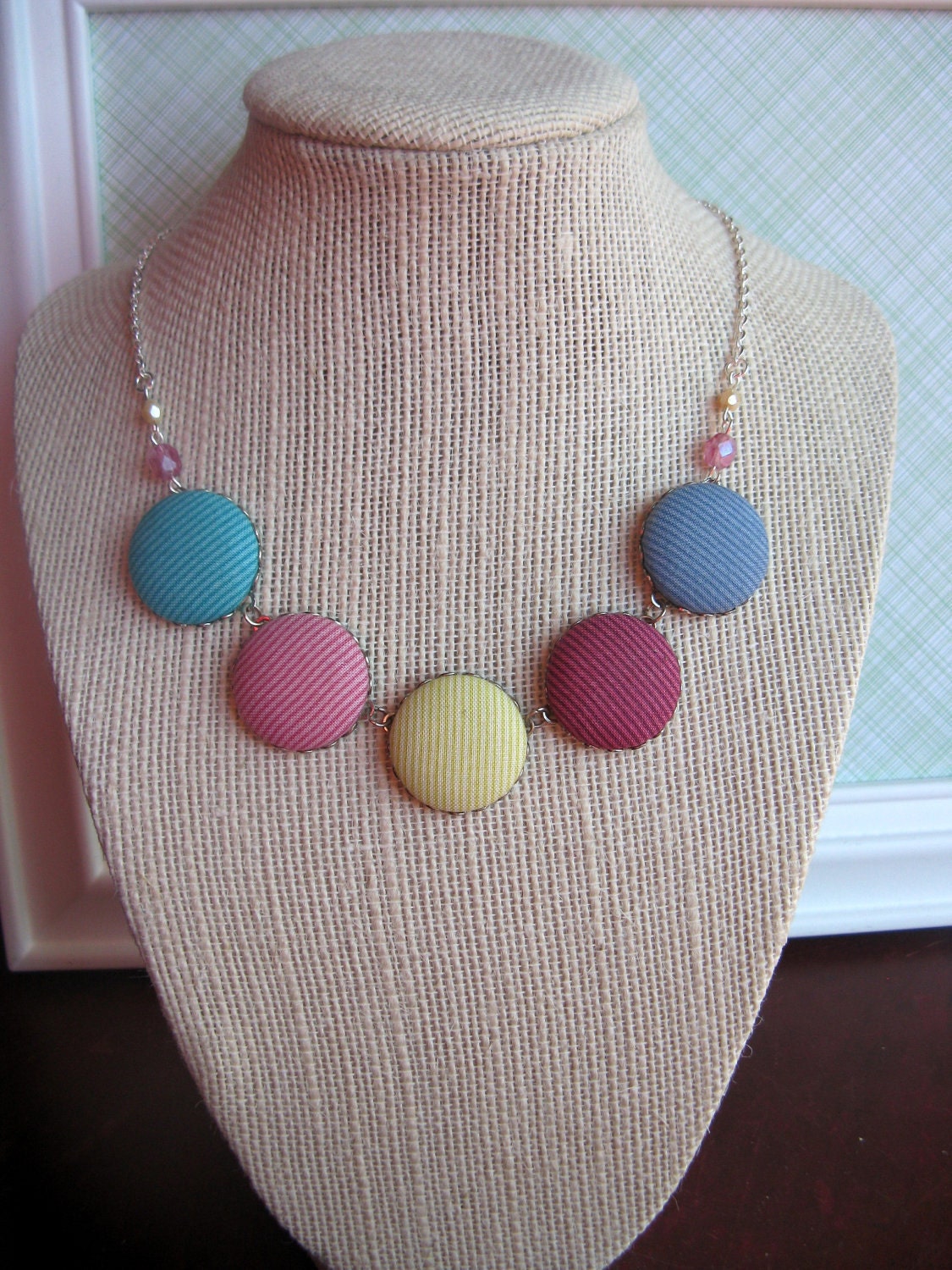 Fabric button necklace in mauve, magenta, pink, blue, navy, chartruese and teal with Czech glass accents