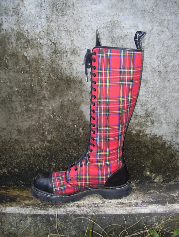 Tartan Plaid Punk Boots Combat Knee High Lace Up GripFast made in England Steel Toes