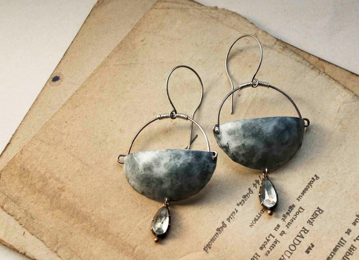 Cybele earrings large hand formed textured metal scoops and vintage crystal pendants